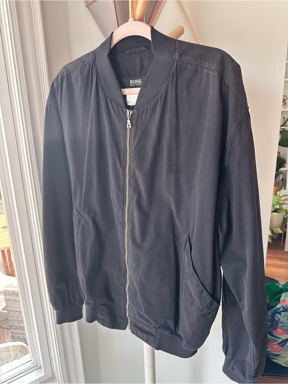 VINTAGE HUGO BOSS Men's Black Cotton Bomber Lightweight Jacket Size Small Medium